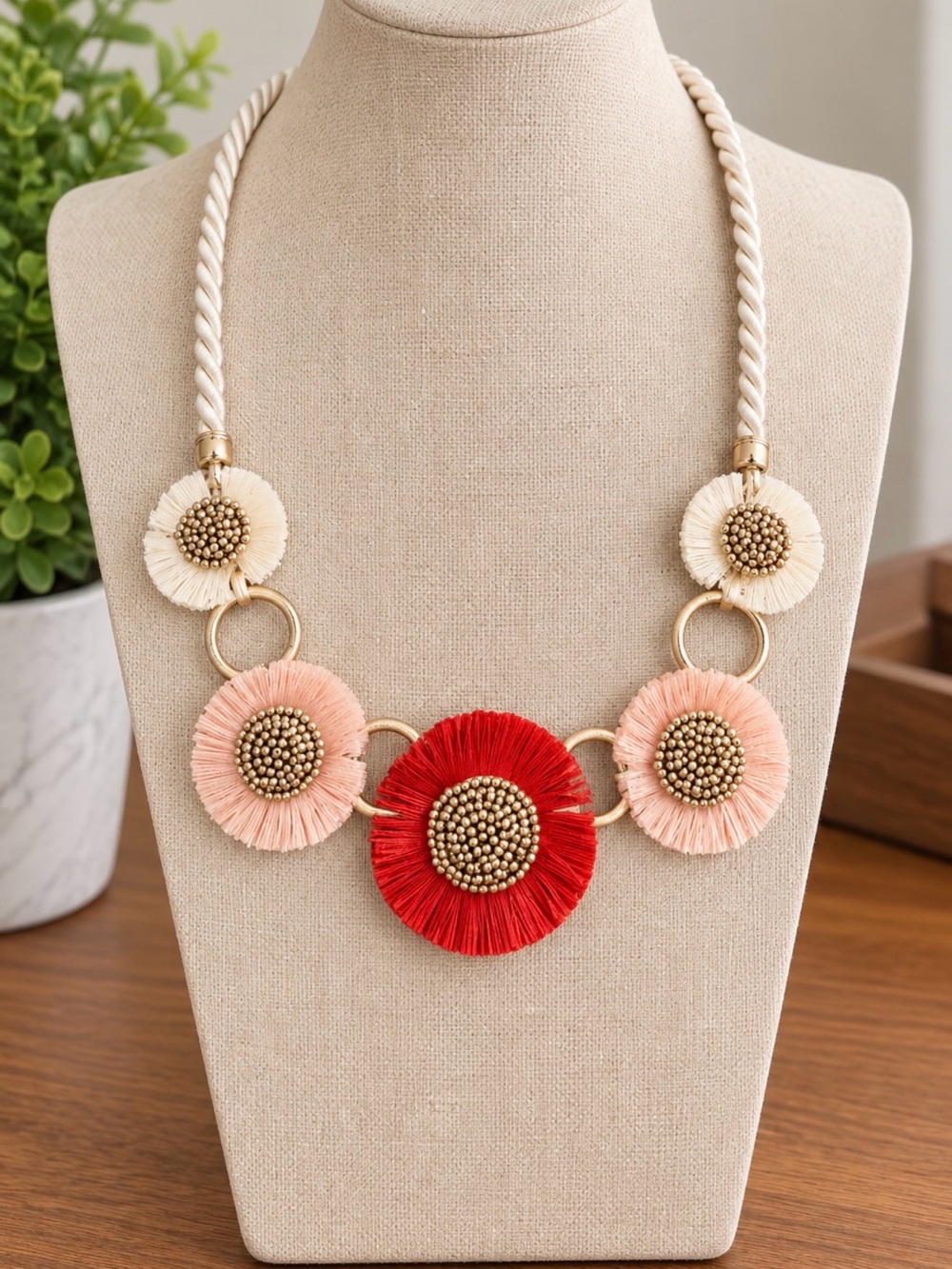 Floral Statement Necklace – Red Blush & Ivory Gold-Tone